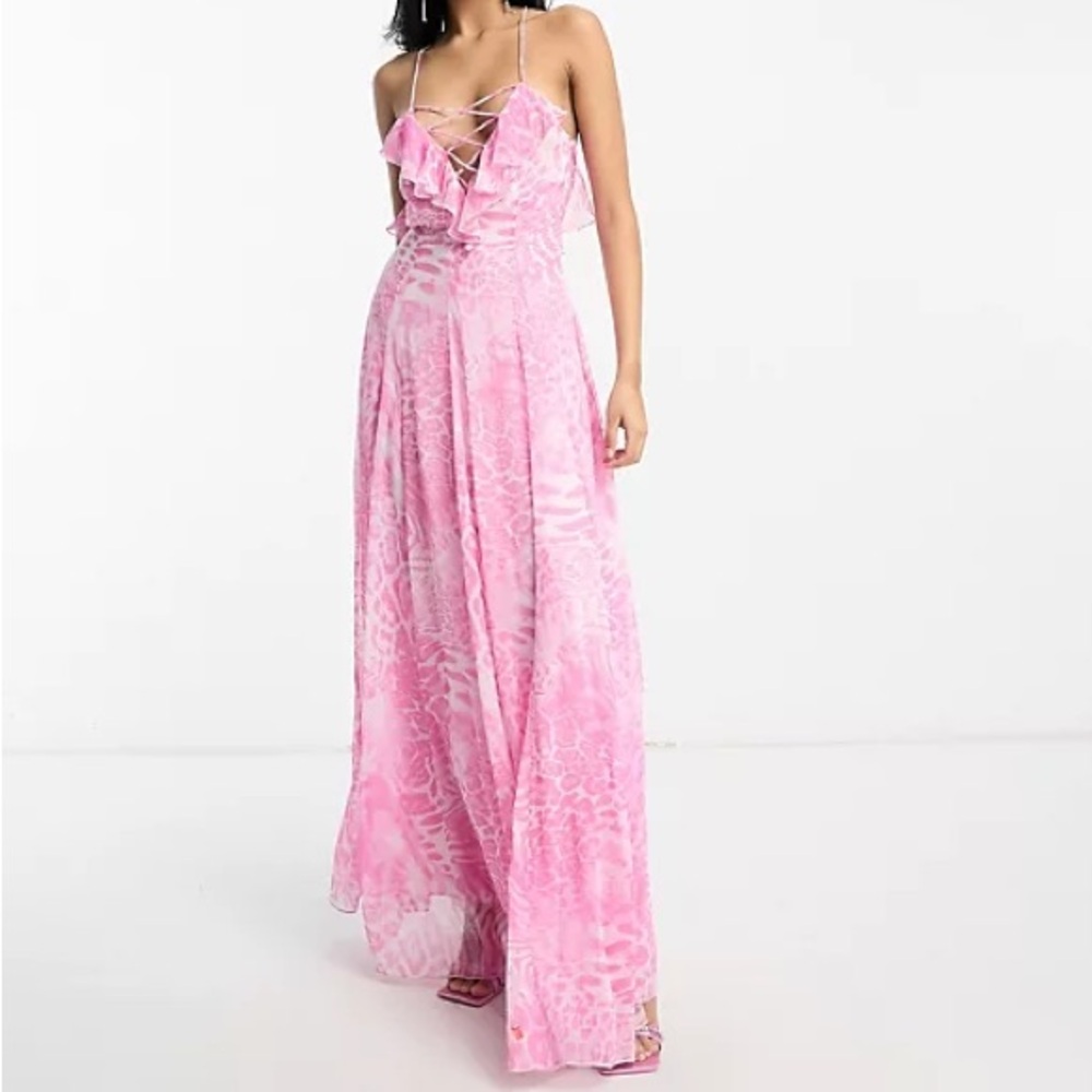 Pink Blurred Leopard Print Lace Up Maxi Dress
